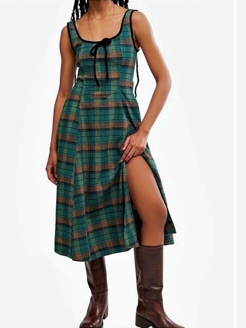Free People Freya Plaid Bow Midi Dress Green & Brown